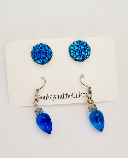 Blue Dangle and Sparkling Post Earrings Set