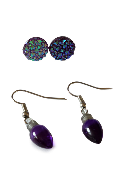 Purple Dangle and Post Earrings Set