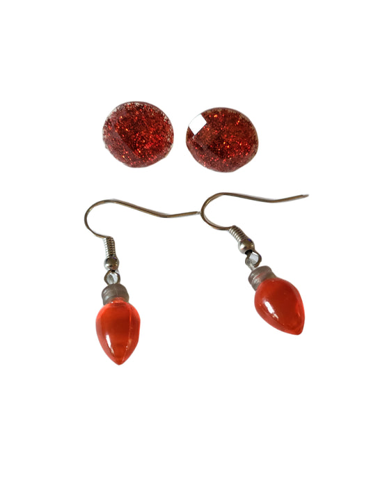 Red Dangle and Sparkling Post Earrings Set