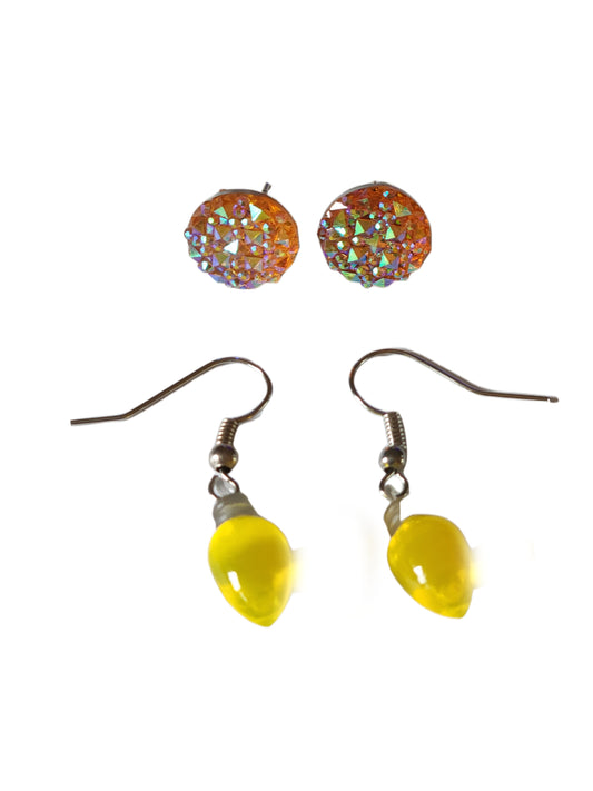 Yellow Dangle and Sparkling Post Earrings Set